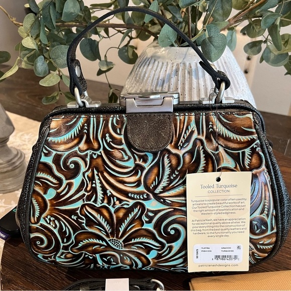 NWT Patricia Nash Gracie Brown and Turquoise Tooled Leather Bag - Picture 3 of 10